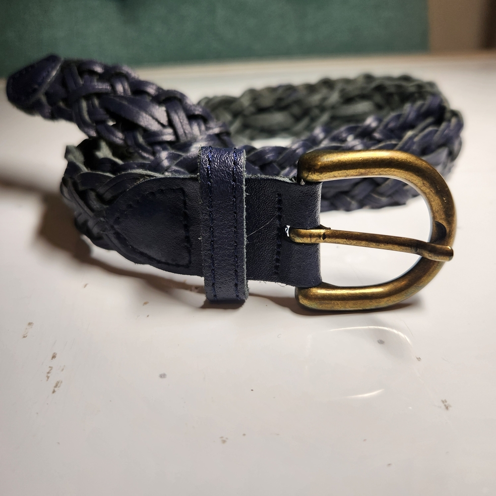 Capezio Vintage Leather Navy Braided Belt with Brass Buckle M/L